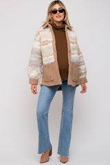 Beige Striped Fuzzy Knit Teddy Maternity Jacket