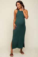 Teal Sleeveless Ribbed Side Slit Maternity Maxi Dress