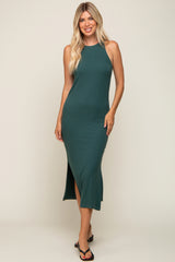 Teal Sleeveless Ribbed Side Slit Maternity Maxi Dress