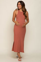 Rust Sleeveless Ribbed Side Slit Maternity Maxi Dress