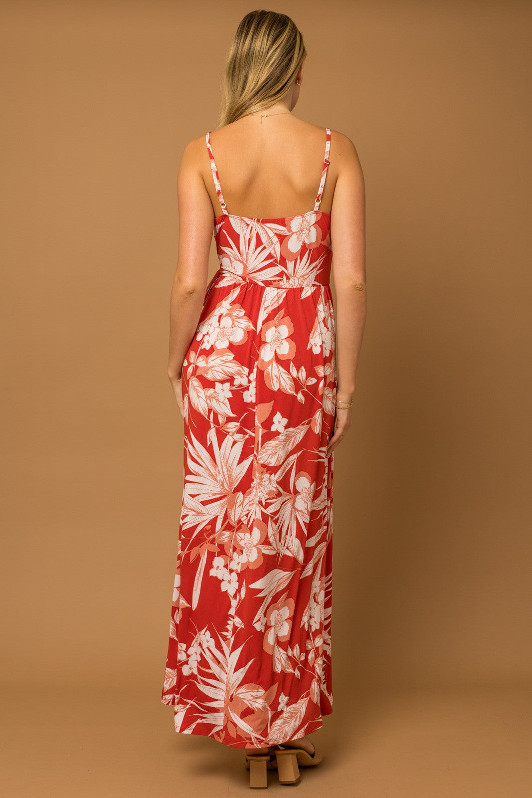 Red Floral Palm Print Wrap Maxi Dress