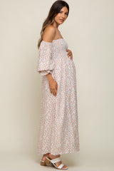 Cream Floral Square Neck Smocked Long Sleeve Maternity Maxi Dress