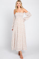 Cream Floral Square Neck Smocked Long Sleeve Maxi Dress