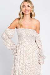 Cream Floral Square Neck Smocked Long Sleeve Maxi Dress