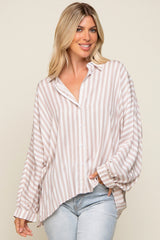 Taupe Striped Button Up Dolman Sleeve Top