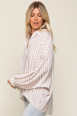 Taupe Striped Button Up Dolman Sleeve Top