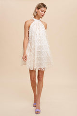 Ivory Butterfly Applique Tie Neck Halter Dress