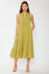 Green Tiered Linen Blend Solid Midi Dress