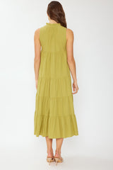 Green Tiered Linen Blend Solid Midi Dress