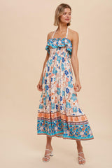 Aqua Flounced Border Print Smocked Midi