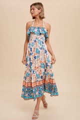 Aqua Flounced Border Print Smocked Midi