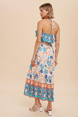 Aqua Flounced Border Print Smocked Midi