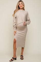 Beige Knit Long Sleeve Crop Top Maternity Midi Skirt Set