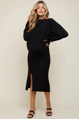 Black Knit Long Sleeve Crop Top Maternity Midi Skirt Set