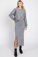 Grey Knit Long Sleeve Crop Top Maternity Midi Skirt Set