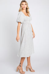 Ivory Striped Linen Smocked Short Puff Sleeve Midi Dress