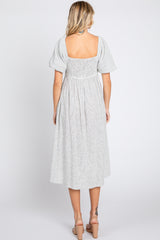 Ivory Striped Linen Smocked Short Puff Sleeve Midi Dress