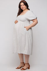 Ivory Striped Linen Smocked Short Puff Sleeve Maternity Plus Midi Dress