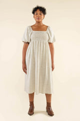 Ivory Striped Linen Smocked Short Puff Sleeve Plus Midi Dress