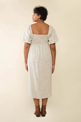 Ivory Striped Linen Smocked Short Puff Sleeve Plus Midi Dress