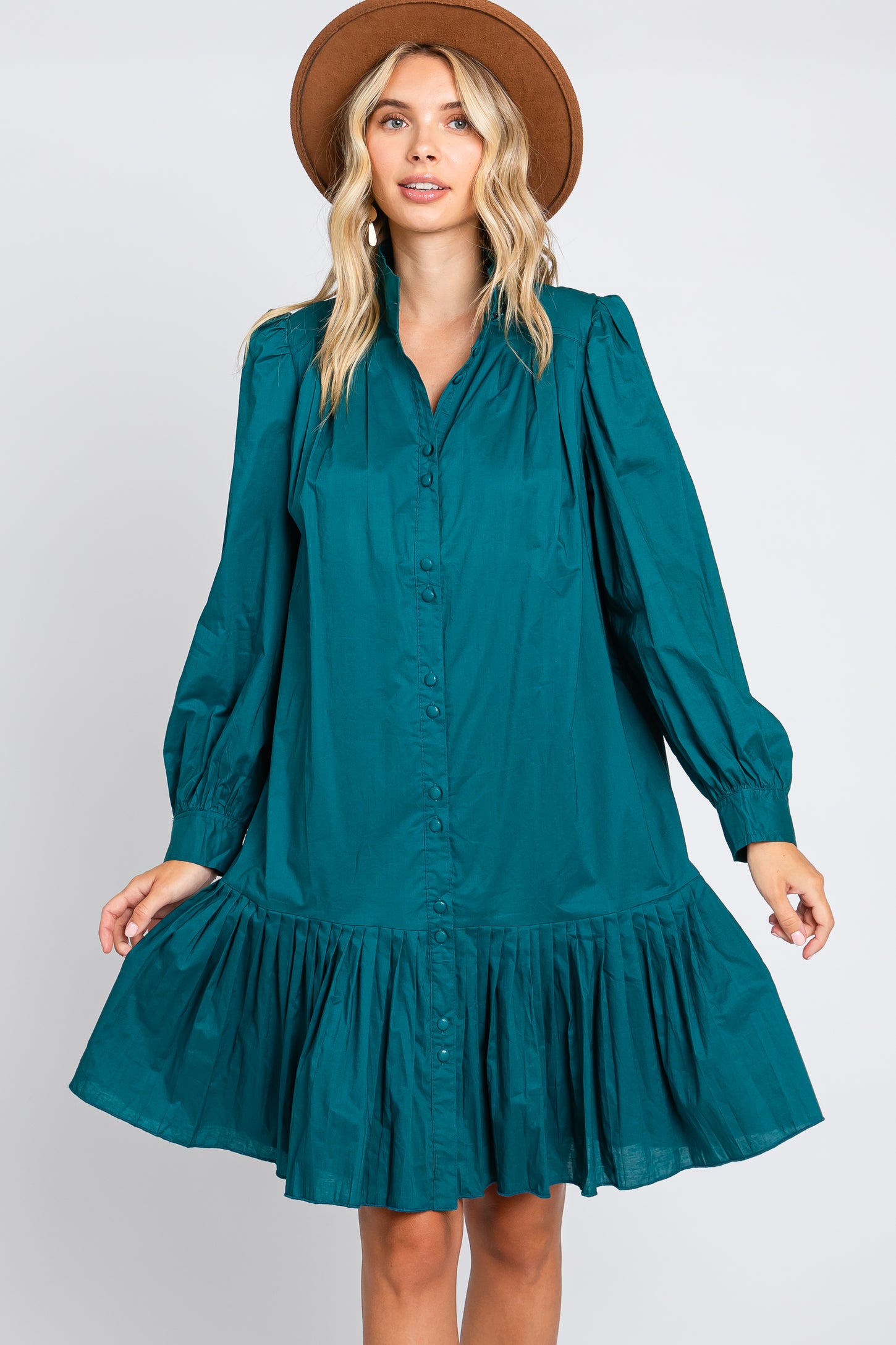 Hunter Green Button Down High Neck Long Sleeve Maternity Dress
