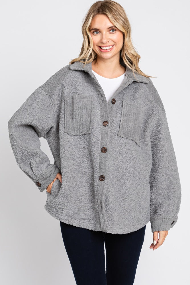 Grey Colorblock Fleece Maternity Shirt Jacket