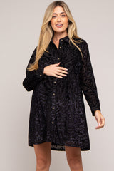 Black Burnout Velvet Maternity Button Up Dress