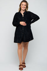 Black Burnout Velvet Maternity Plus Button Up Dress