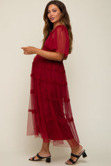 Burgundy Ruffled Mesh Maternity Maxi Dress