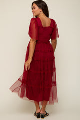 Burgundy Ruffled Mesh Maternity Maxi Dress