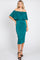 woman wearing a teal off-the-shoulder pleated midi dress with a ruffled top and strappy black heels