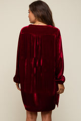 Burgundy V-Neck Velvet Maternity Dress