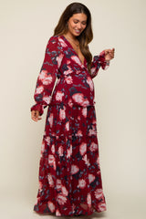 Burgundy Floral Chiffon V-Neck Lettuce Edge Tiered Maternity Maxi Dress