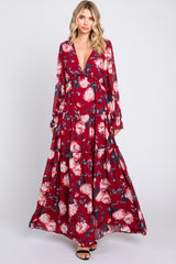 Burgundy Floral Chiffon V-Neck Lettuce Edge Tiered Maxi Dress