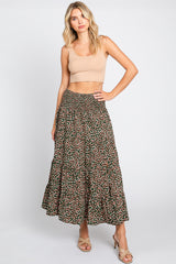 Olive Leaf Print Side Slit Midi Skirt