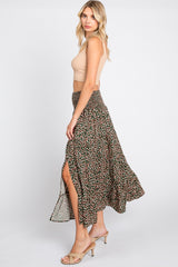 Olive Leaf Print Side Slit Midi Skirt