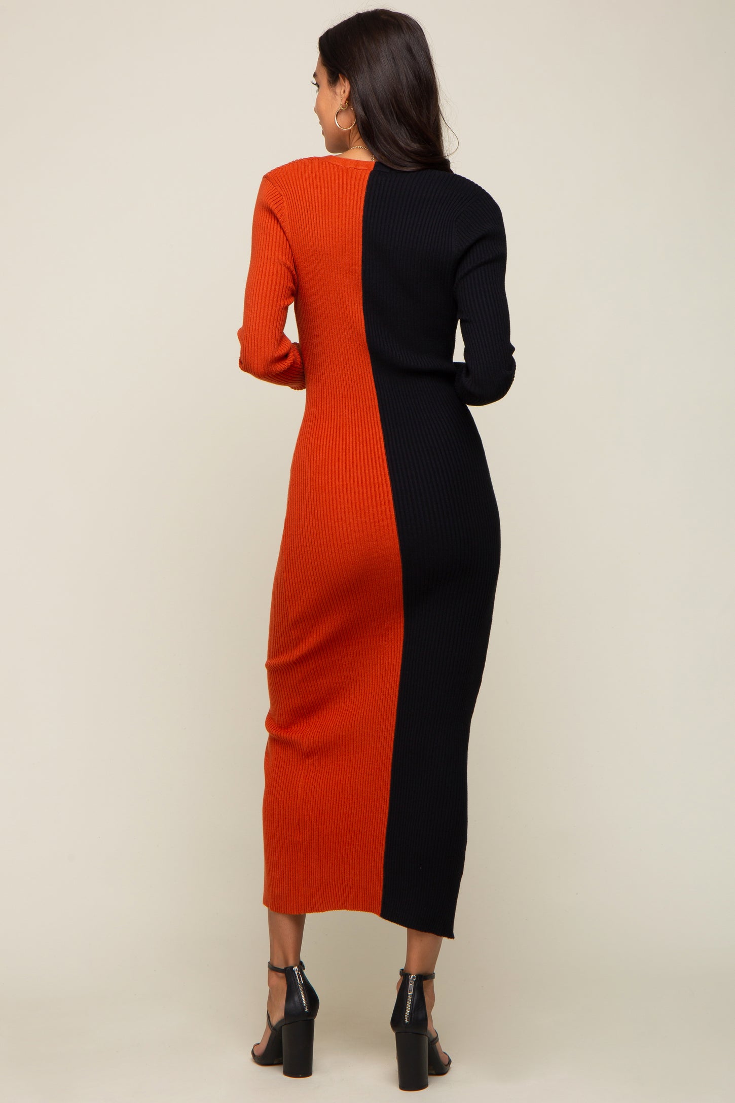 Black Rust Colorblock Ribbed Button Down Dress