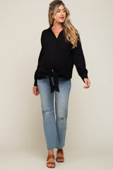 Black Collared Button Down Knotted Maternity Shirt