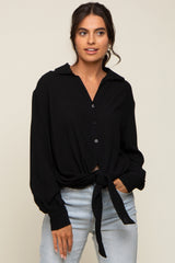 Black Collared Button Down Knotted Maternity Shirt