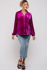 Magenta Velvet Button Front Collared Maternity Blouse