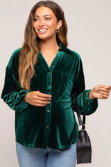 Hunter Green Velvet Button Front Collared Maternity Blouse