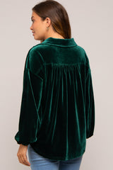 Hunter Green Velvet Button Front Collared Maternity Blouse