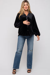 Black Velvet Button Front Collared Maternity Blouse