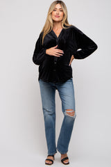 Black Velvet Button Front Collared Maternity Blouse