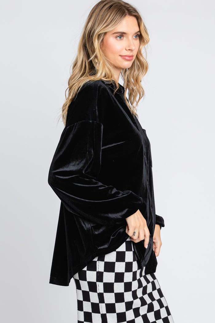 Black Velvet Button Front Collared Blouse