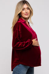 Burgundy Velvet Button Front Collared Maternity Blouse