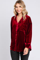 Burgundy Velvet Button Front Collared Maternity Blouse