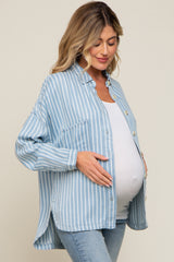 Light Blue Striped Front Pocket Button Up Maternity Top