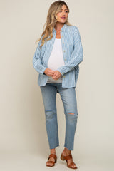 Light Blue Striped Front Pocket Button Up Maternity Top