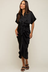 Black Satin Button Down Gathered Maternity Midi Dress